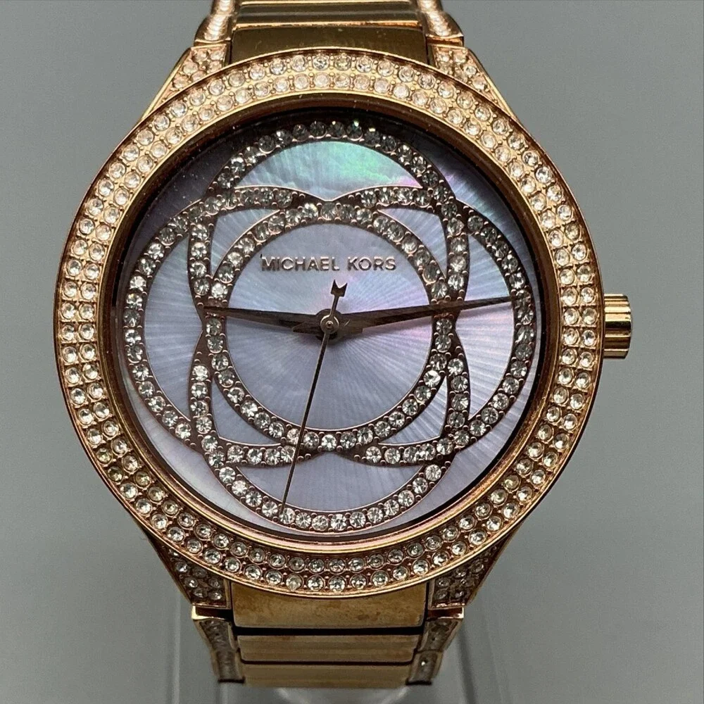 Michael Kors Kerry Womens Watch 37mm MOP Gold Tone Pave MK3429 New Battery 6.5